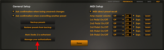mark studio 2 click manage your authorizations